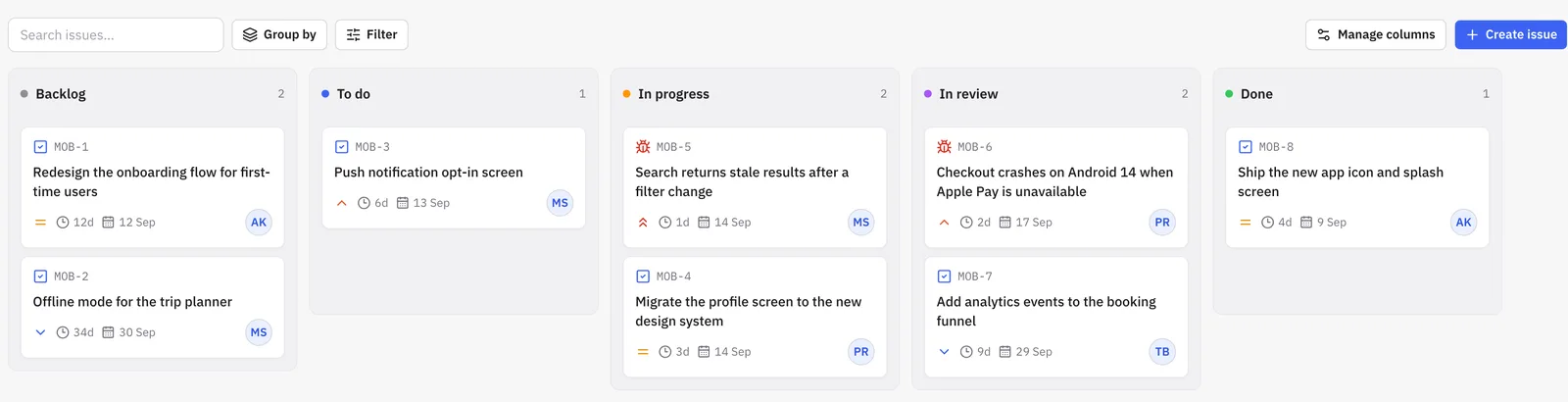 บอร์ดงานของ JaWork แบ่งคอลัมน์ Backlog, To do, In progress, In review และ Done