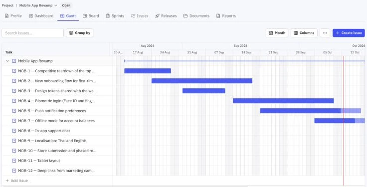 แผนภูมิ Gantt ของ JaWork แสดงไทม์ไลน์โปรเจกต์ Mobile App Revamp